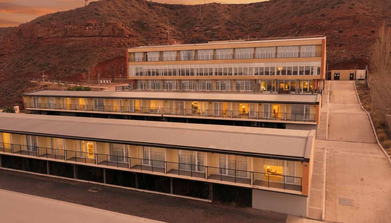 Wenelen Executive Hotel al atardecer en Añelo, Vaca Muerta.